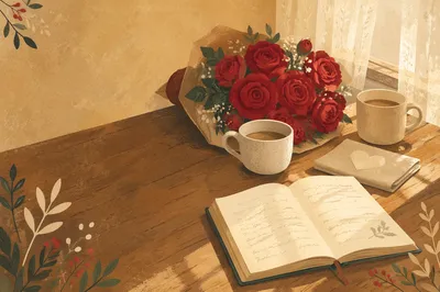 Red Roses and Mugs by Window