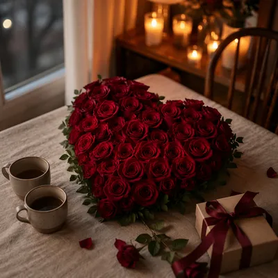Heart-Shaped Red Roses Valentine Table Scene