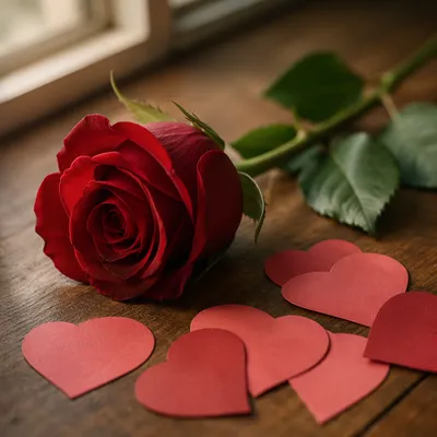 Romantic Red Rose and Valentine Hearts