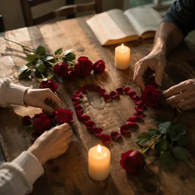 Valentine Roses and Petal Heart Still Life