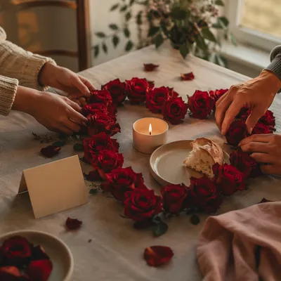 Romantic Valentine Roses Around Candle and Bread