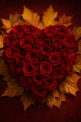 Romantic Red Rose Heart with Golden Leaves