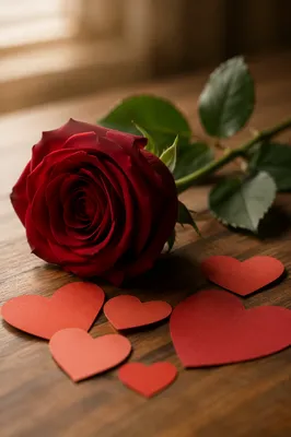 Romantic Red Rose and Valentine Hearts
