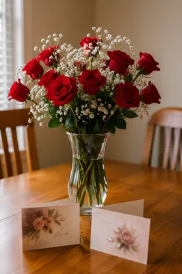 Romantic Red Roses on Valentine Table