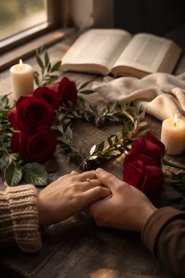 Red Roses and Hands by Window