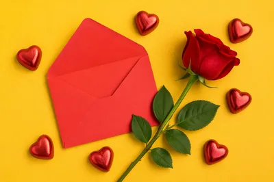 Valentines Flat Lay with Red Rose