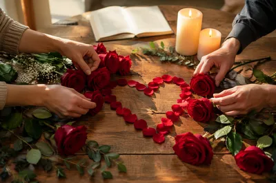 Valentine Roses and Candlelit Heart Petals
