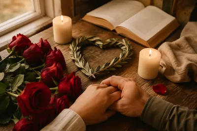 Red Roses and Heart Wreath Still Life
