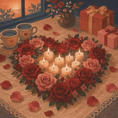 Heart Shaped Roses and Candlelight Valentine Decor
