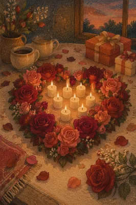 Valentines Heart Roses and Candlelight Table