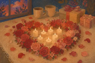 Heart Shaped Roses and Candlelight Table