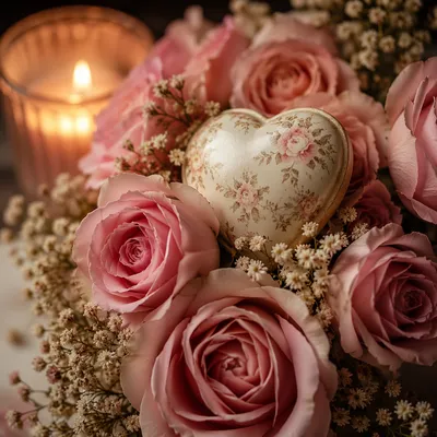 Romantic Heart Keepsake with Pink Roses