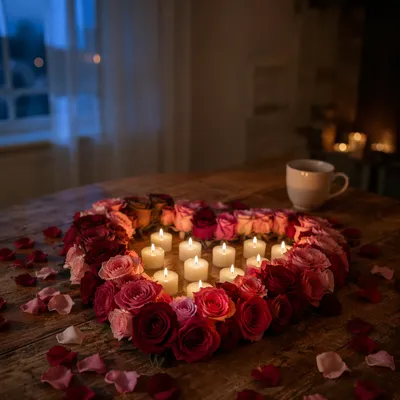 Heart Shaped Roses and Candlelight Valentine Scene