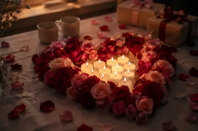 Valentines Heart Roses and Candlelight Table