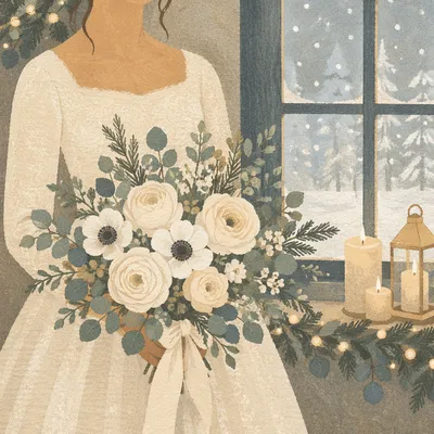 Winter Bride Holding White Wedding Bouquet