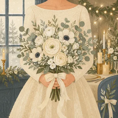 Winter Bride Holding White Wedding Bouquet