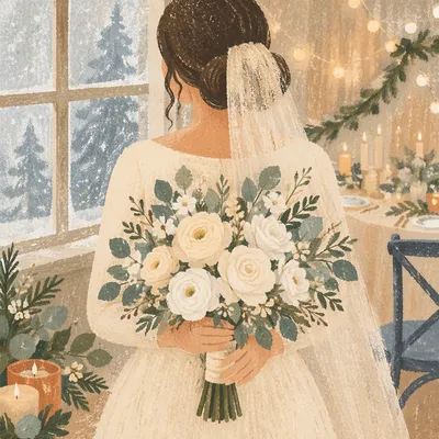 Winter Bride Holding White Wedding Bouquet