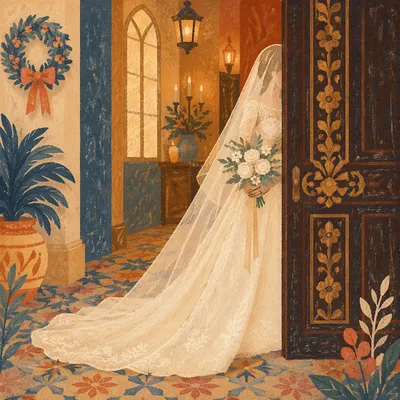 Veiled Bride with White Wedding Bouquet