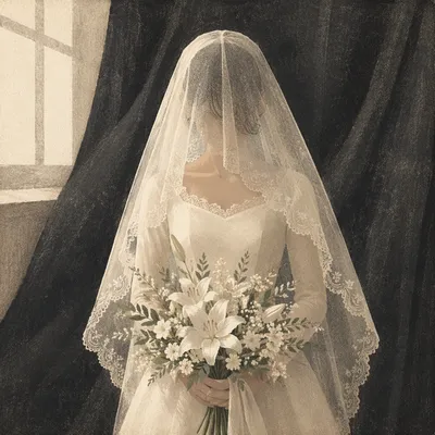 Veiled Bride Holding White Lily Bouquet