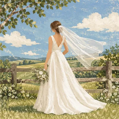 Serene Countryside Bride With White Bouquet