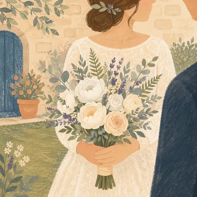 White Peony Bridal Bouquet in Courtyard