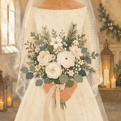 Winter Chapel Bride with White Bouquet