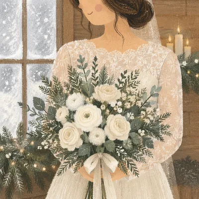 Holiday Bride Holding White Winter Bouquet