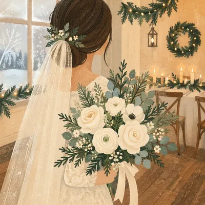 Winter Bride Holding White Rose Bouquet