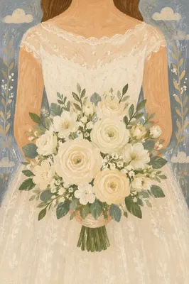White Rose Bridal Bouquet with Lace Dress