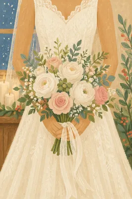 Romantic White Bridal Bouquet with Lace Gown