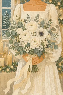 Winter Bride Holding White Wedding Bouquet