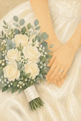 Bride Hands with White Wedding Bouquet