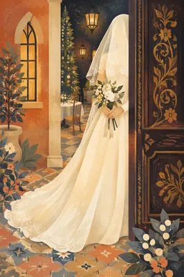 Veiled Bride With White Holiday Bouquet