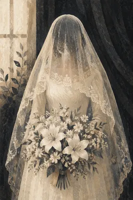 Veiled Bride Holding White Lily Bouquet