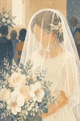 Veiled Bride Holding White Wedding Bouquet
