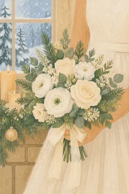 Winter Bride Holding White Rose Bouquet