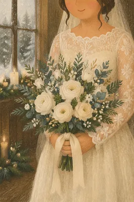 Holiday Bride Holding White Winter Bouquet