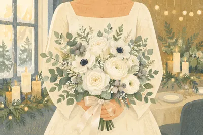 Winter Bride Holding White Wedding Bouquet