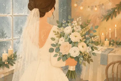 Winter Bride Holding White Wedding Bouquet