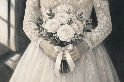 Bride Holding White Rose Wedding Bouquet