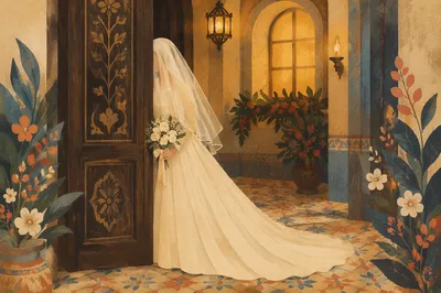 Veiled Bride with White Holiday Bouquet