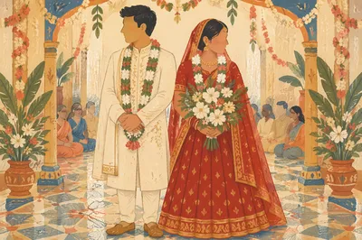 Festive Wedding Couple With White Bouquet