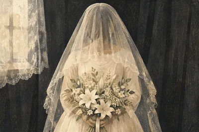 Veiled Bride with White Lily Bouquet