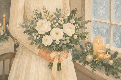Holiday Bride Holding White Winter Bouquet