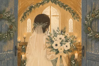 Winter Chapel Bride with White Bouquet