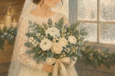 Holiday Bride Holding White Winter Bouquet