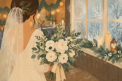 Winter Bride Holding White Holiday Bouquet
