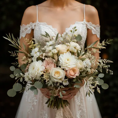 Elegant Bride Holding White Wedding Bouquet
