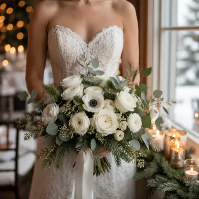 Winter Bride Holding White Wedding Bouquet