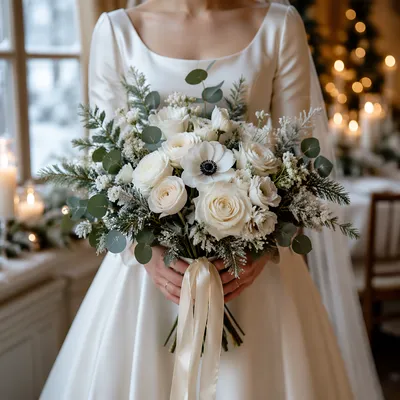 Winter Bride Holding White Wedding Bouquet